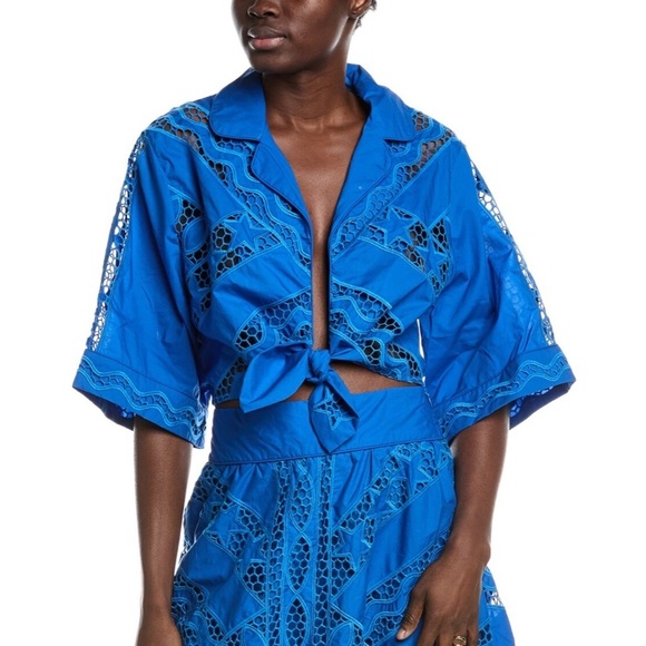 Farm Rio Striped Richelieu Blouse NWOT Tie Front Eyelet Women’s Size M Blue - Picture 5 of 5